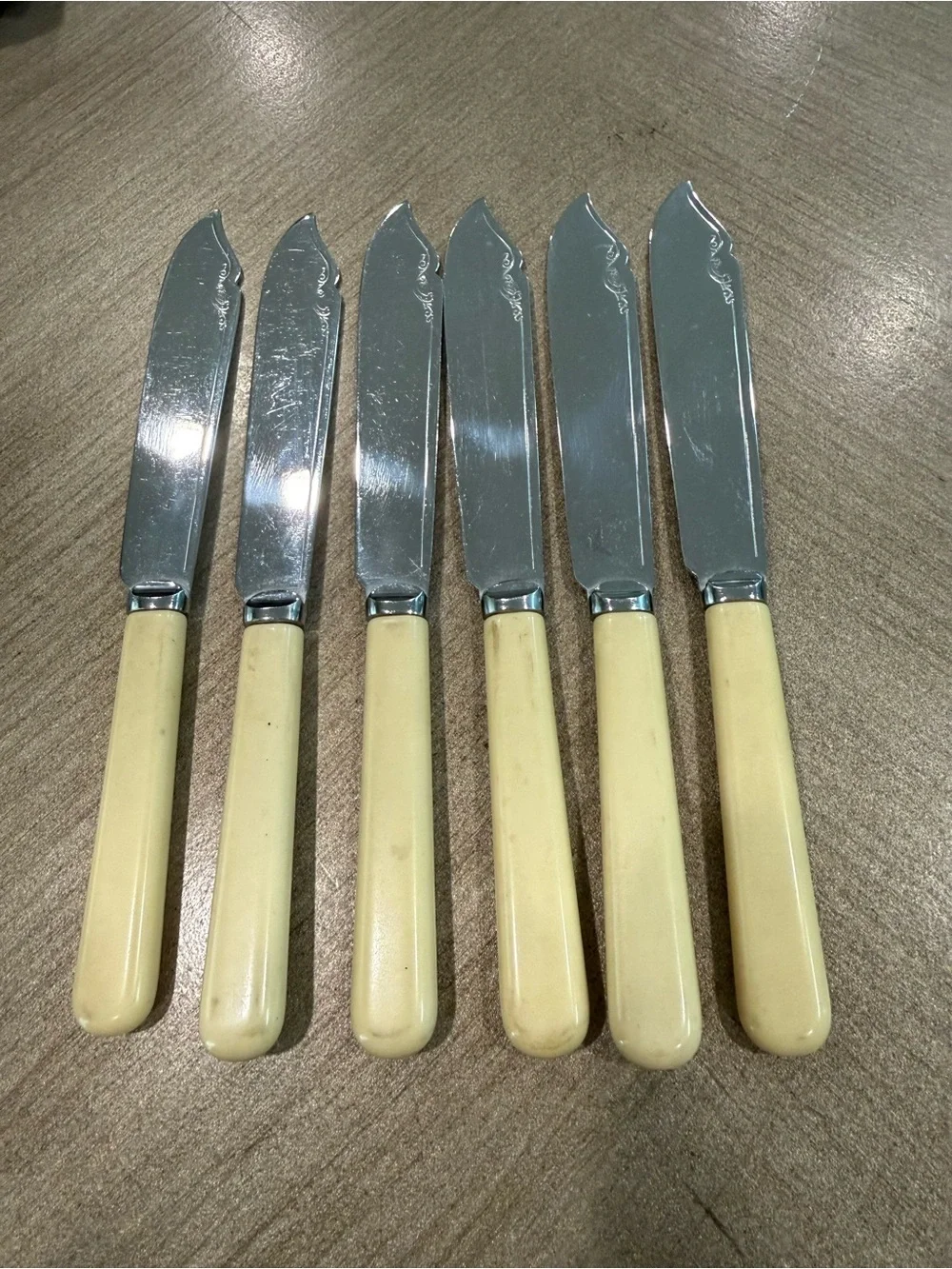 Fish knives Chrome Plated Ivorine Handles Lot of 6 knives 7 1/2 inches